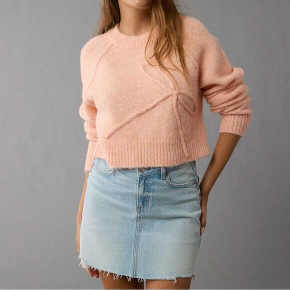 American Eagle Outfitters Cropped Bow Front Sweater Peach Small - Picture 1 of 14
